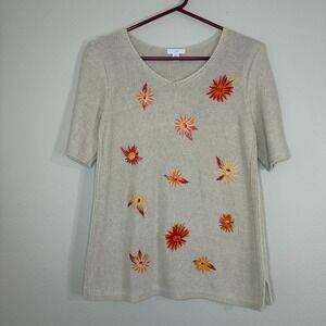 J Jill Sweater Womens XSP Embroidered Floral Pullover Linen Cotton Blend Boho